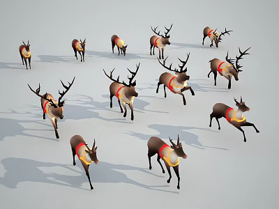 Group of Reindeer With Red And Gold Decorations Running On White Background 3d model