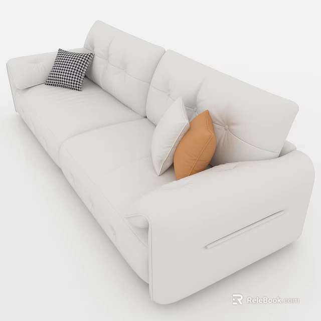 White Three Seater Sofa With Checkered White And Orange Cushions 3d model