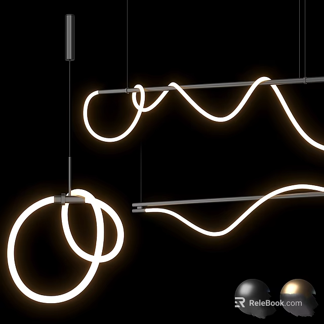 Stylish Modern Neon Chandelier With Curved Illuminated Lines Hanging Design 3d model 