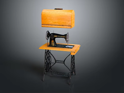 Old Fashioned Sewing Machine with Wooden Tabletop Black Metal Stand and Wooden Storage Case on Top 3d model