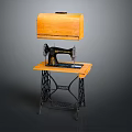Old Fashioned Sewing Machine with Wooden Tabletop Black Metal Stand and Wooden Storage Case on Top