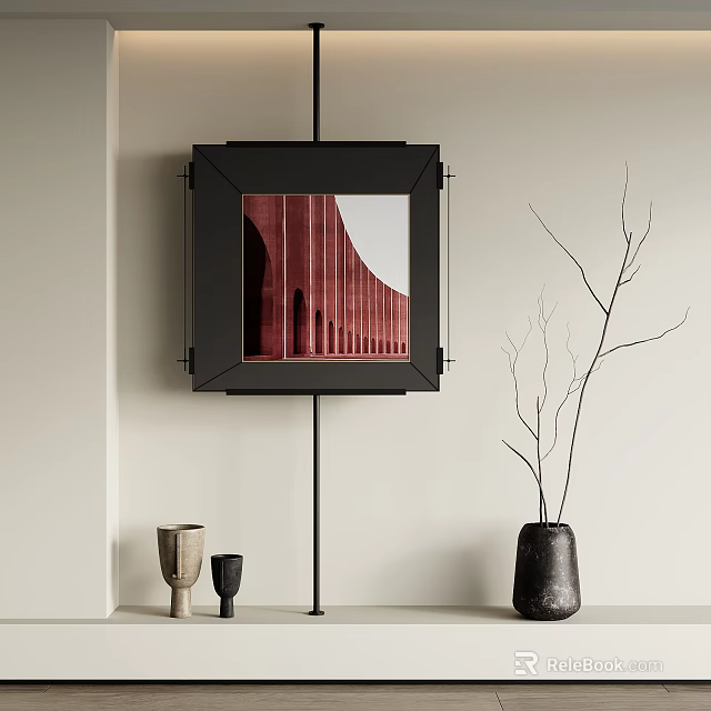 Interior Decor With Black Framed Square Photo Red Building Black Vase Branches Small Metal Cups 3d model 