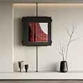 Interior Decor With Black Framed Square Photo Red Building Black Vase Branches Small Metal Cups