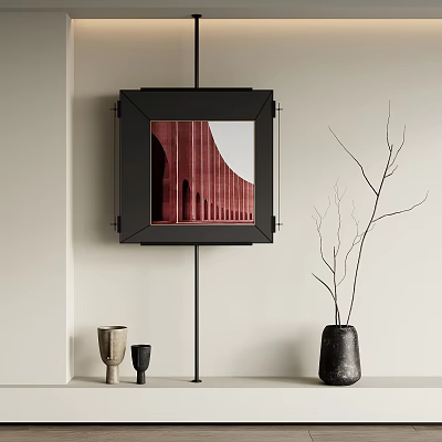 Interior Decor With Black Framed Square Photo Red Building Black Vase Branches Small Metal Cups 3d model