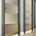 Stylish Swing Doors with Various Geometric Patterns Black Frames Light Blue Walls and Wooden Flooring