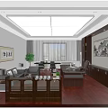 Modern Office Interior With Large Wooden Desk Leather Chair And Chinese Landscape Painting On Wall