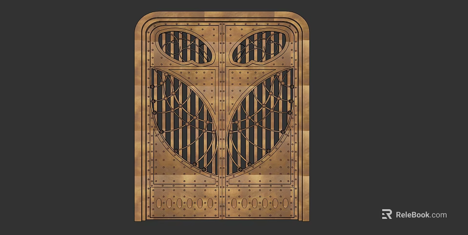 Double Metal Swing Door With Intricate Cutout Patterns And Rivet Details 3d model 