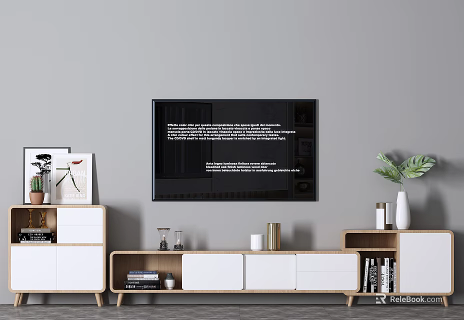 Modern Minimalist White and Wooden TV Stand With Storage Decorative Items Plants and Books 3d model 