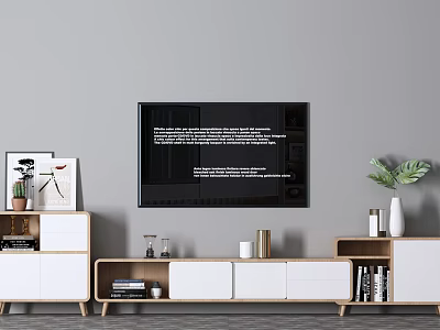 Modern Minimalist White and Wooden TV Stand With Storage Decorative Items Plants and Books 3d model