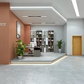 Modern Lounge Area With Circular Bookshelf Comfortable Seating Green Plants And Large Windows