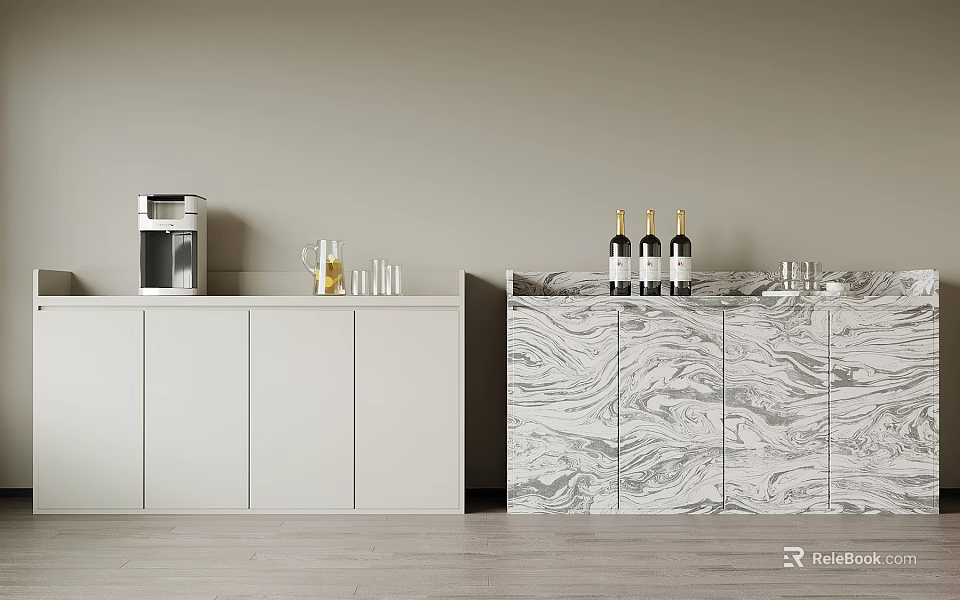 White And Marble Pattern Sideboard With Coffee Machine Wine Bottles And Glassware 3d model