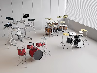 Various Stylish Colorful Drum Sets With Cymbals Stands And Complete Kits For Musical Instruments 3d model