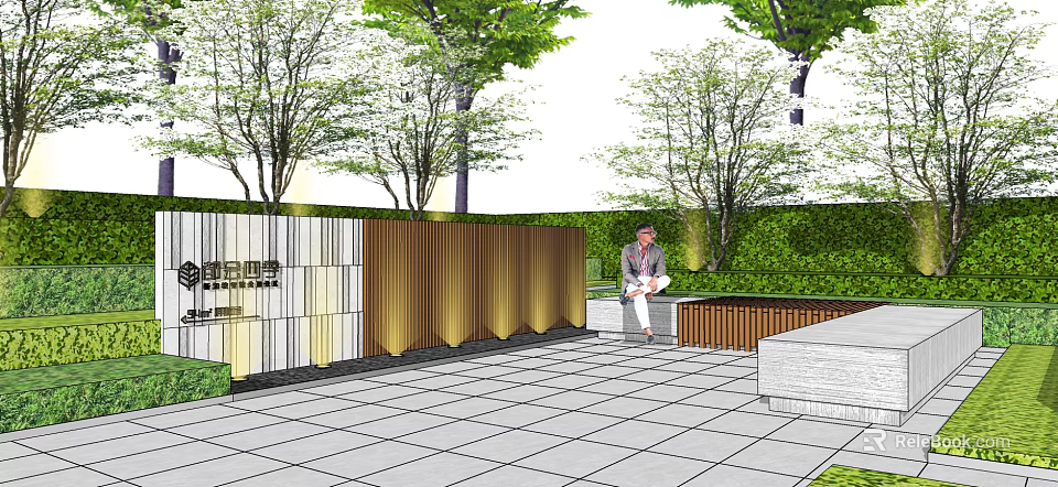 Modern Landscape Feature Wall With White Gold Panels And Stone Pavement Surrounded By Trees 3d model 