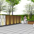 Modern Landscape Feature Wall With White Gold Panels And Stone Pavement Surrounded By Trees