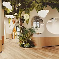 Modern Hotel Lobby Interior With Wooden Elements Green Plants Cloud Decorations Curved Sofa And Bookshelves