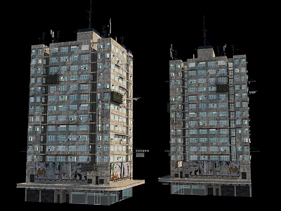 Two Tall Residential Buildings Exterior With Multiple Windows And Graffiti At Base 3d model