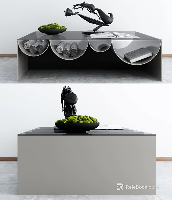Modern Coffee Table With Black White Design Decorative Sculpture Green Ornaments And Book 3d model 
