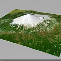 3D Terrain Model Featuring White Volcanic Cone Surrounded by Green Vegetation and Farmland