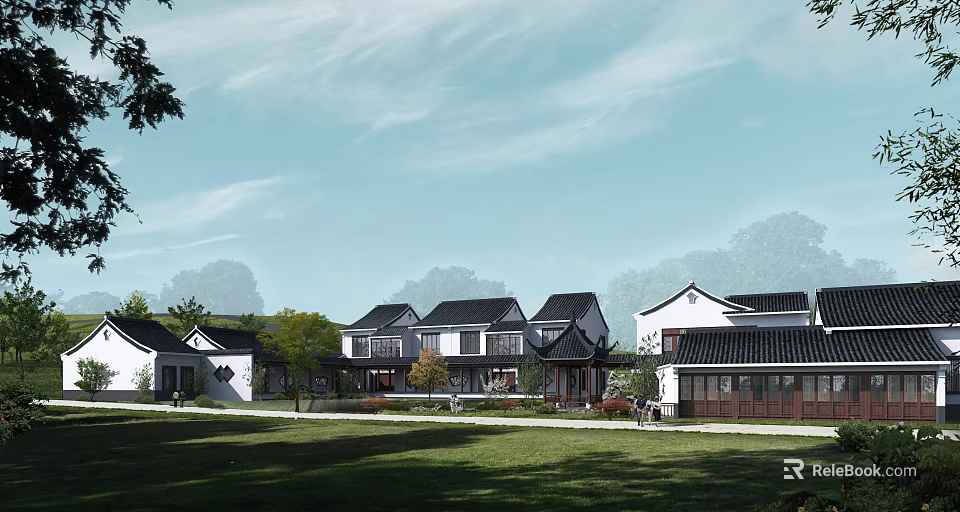 Traditional Chinese Architecture with White Walls Black Tiles Green Lawns and Trees in Rural Area 3d model 
