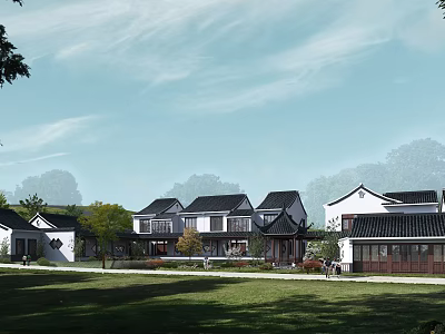 Traditional Chinese Architecture with White Walls Black Tiles Green Lawns and Trees in Rural Area 3d model