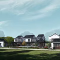 Traditional Chinese Architecture with White Walls Black Tiles Green Lawns and Trees in Rural Area