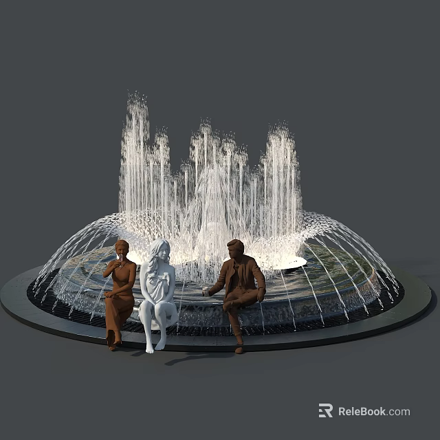 Water Fountain With Multiple Water Jets And Seated Statues On Circular Edge 3d model 