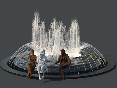 Water Fountain With Multiple Water Jets And Seated Statues On Circular Edge 3d model