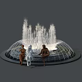 Water Fountain With Multiple Water Jets And Seated Statues On Circular Edge