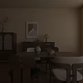 Warm Modern Dining Room Interior With Wooden Table Chairs White Vase Cabinet And Herringbone Floor