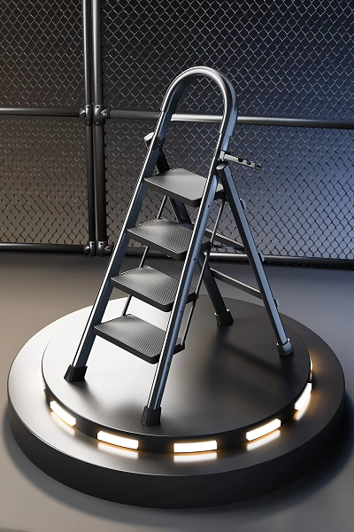 Metal Ladder Placed On Circular Platform With Wire Mesh Fence Background 3d model