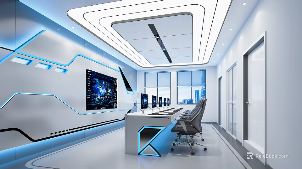 Modern Monitoring Room Interior with Large Screen Multiple Monitors Blue Lines and Control Desk 3d model 