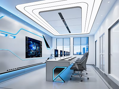 Modern Monitoring Room Interior with Large Screen Multiple Monitors Blue Lines and Control Desk 3d model
