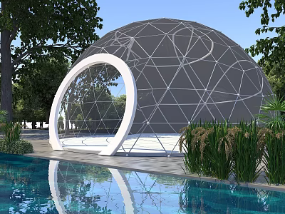Scenic Landscape With Geodesic Dome White Arched Entrance Swimming Pool Clear Water Reflections And Greenery 3d model