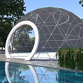 Scenic Landscape With Geodesic Dome White Arched Entrance Swimming Pool Clear Water Reflections And Greenery
