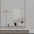 White Single Sofa With Ottoman Floor Lamp And Geometric Pattern Wall Art 3d model