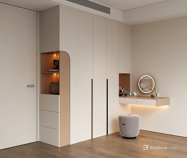 Modern White Wood Wardrobe With Sliding Doors Open Shelves Built In Lighting And Mirror 3d model 