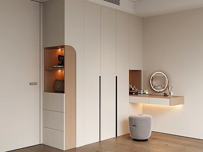Modern White Wood Wardrobe With Sliding Doors Open Shelves Built In Lighting And Mirror 3d model