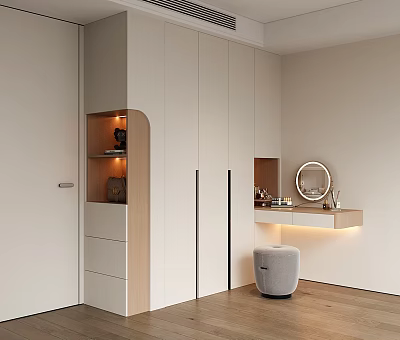 Modern White Wood Wardrobe With Sliding Doors Open Shelves Built In Lighting And Mirror 3d model