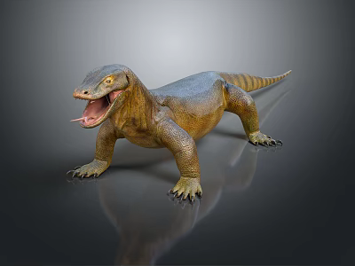 Large Reptile Komodo Dragon With Open Mouth And Yellow Blue Body On Shiny Surface 3d model