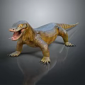 Large Reptile Komodo Dragon With Open Mouth And Yellow Blue Body On Shiny Surface
