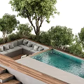 Outdoor Living Space Design With Swimming Pool Greenery And Seating Area