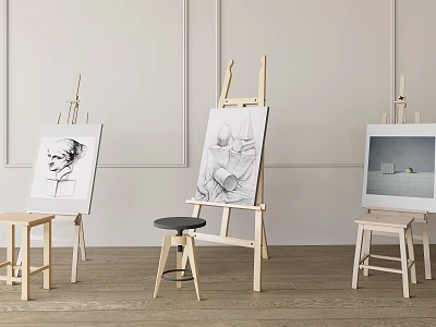 Art Supplies Setup With Three Easels Various Drawings Small Stools Light Colored Walls Wooden Floor 3d model