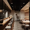 Japanese Restaurant Interior With Wooden Counter Dining Tables Chairs Warm Lighting And Minimalist Decor