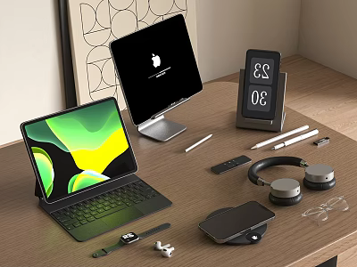 Modern Laptop and Tablet Desk Setup with Smartwatch Headphones Stylus and Pen 3d model