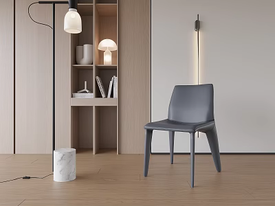Gray Modern Single Chair with Floor Lamp and Bookshelf on Wooden Floor 3d model
