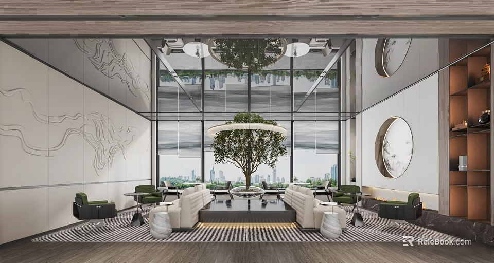 Modern Lounge Area Interior Design With Large Windows Central Tree And Comfortable Seating 3d model 