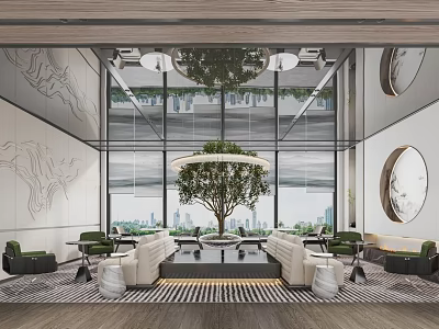 Modern Lounge Area Interior Design With Large Windows Central Tree And Comfortable Seating 3d model