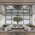 Modern Lounge Area Interior Design With Large Windows Central Tree And Comfortable Seating
