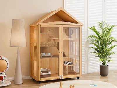 Wooden Pet House Cabinet With Glass Doors Pet Supplies Floor Lamp Green Plant Kids Toys 3d model