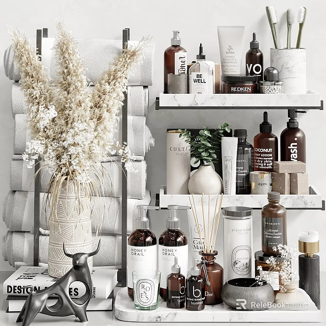 Modern Bathroom Shelves With Organized Towels Daily Cleaning Bottles And Decorative Plants 3d model 